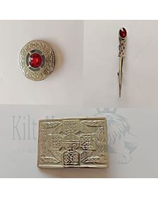 Red Stone Silver Belt Buckle Brooch Set