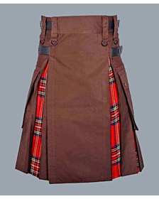 Khaki Hybrid Kilt With Royal Stewart Tartan