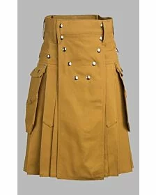 khaki modern utility kilt with silver buttons
