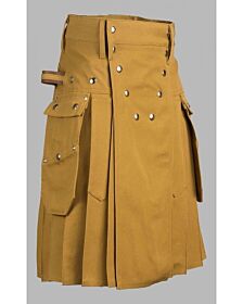 khaki modern utility kilt with silver buttons