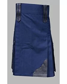 Blue utility kilt with black leather patches