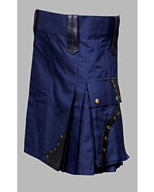Blue utility kilt with black leather patches