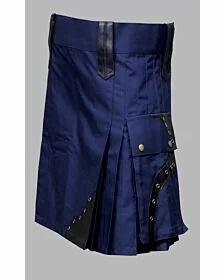 Blue utility kilt with black leather patches