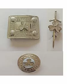 Shamrock Badge Silver Belt Buckle Brooch Set