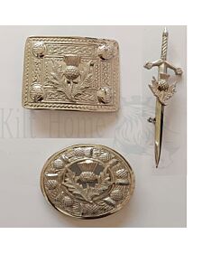 Thistle Badge Silver Belt Buckle Brooch Set