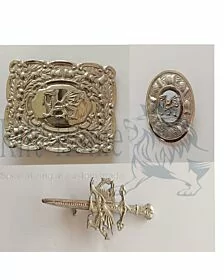 Rampant Lion Silver Belt Buckle Brooch Set