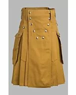 khaki modern utility kilt with silver buttons