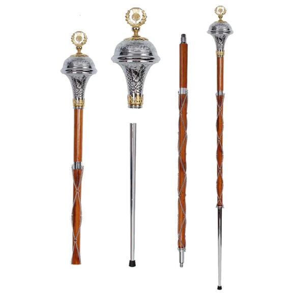 Chrome Head With Gold Thistle Flower Major Mace Stave & Stick