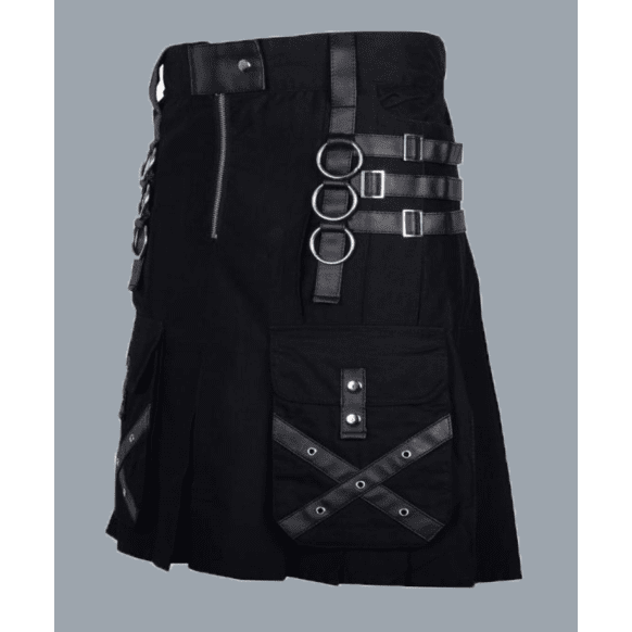 Black Cotton Kilt Gothic Throng With Leather Straps
