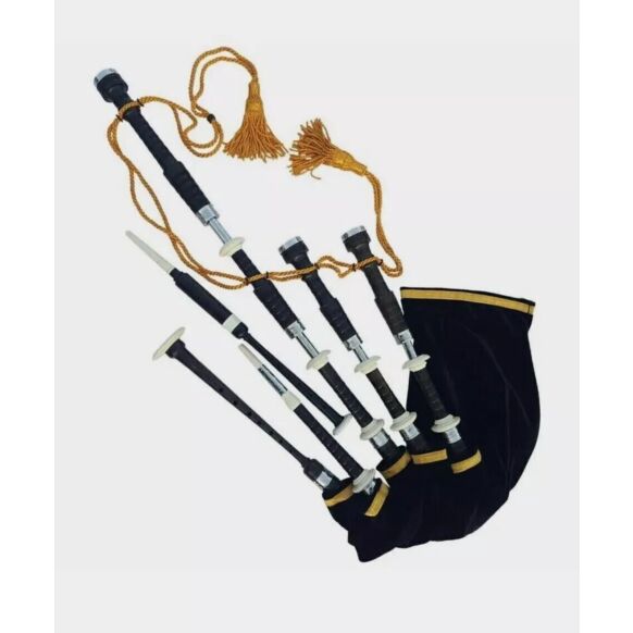 Scottish Highland Traditional Black Finish With White Mounts Bagpipe SetÂ