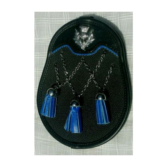 Blue Tassel Black Leather Scottish Kilts Sporran