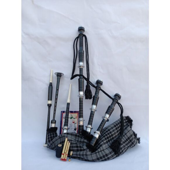 Grey Watch Tartan Black Finish Bagpipe Set