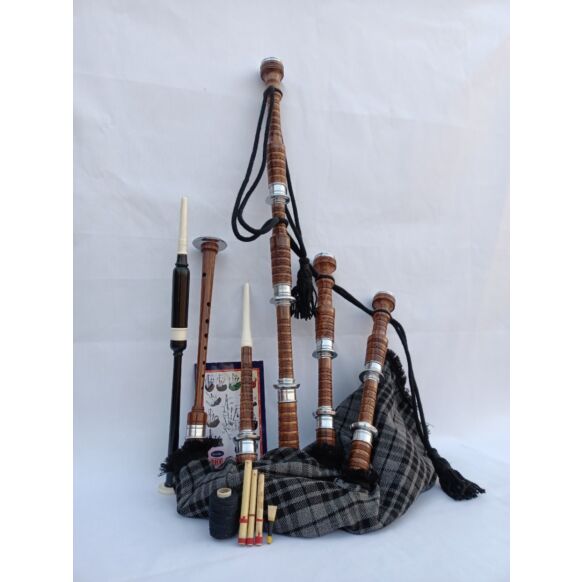 Grey Watch Tartan Natural Finish Bagpipe Set