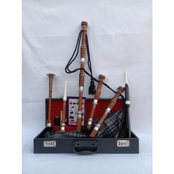 Grey Watch Tartan Natural Finish Bagpipe Set
