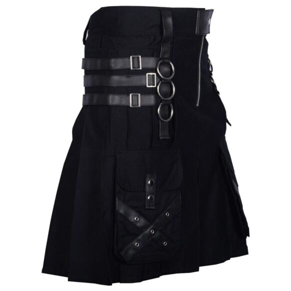 Black Cotton Kilt Gothic Throng With Leather Straps