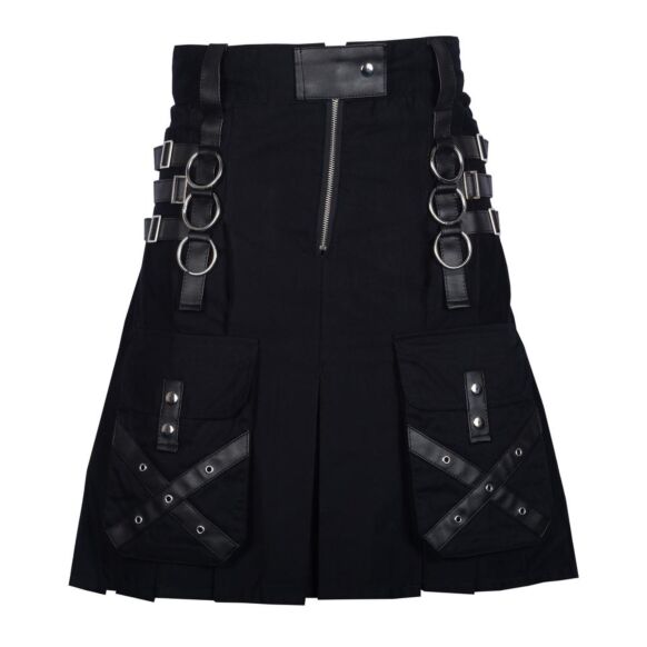 Black Cotton Kilt Gothic Throng With Leather Straps