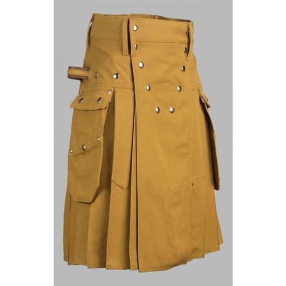 khaki modern utility kilt with silver buttons