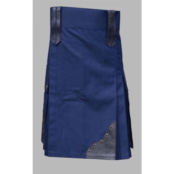 Blue utility kilt with black leather patches