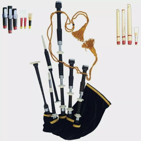Scottish Highland Traditional Black Finish With White Mounts Bagpipe SetÂ