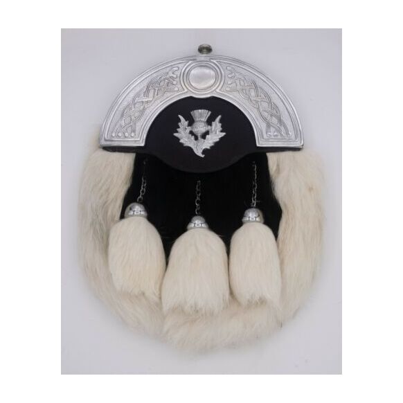 Scottish Full Dress Black & White Rabbit Fur Kilt Sporran
