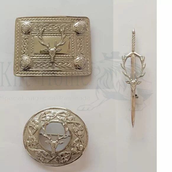 Stag Head Silver Belt Buckle Brooch Set