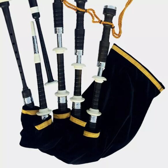 Scottish Highland Traditional Black Finish With White Mounts Bagpipe SetÂ