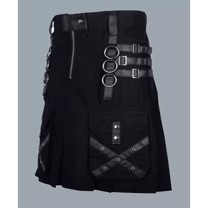 Black Cotton Kilt Gothic Throng With Leather Straps