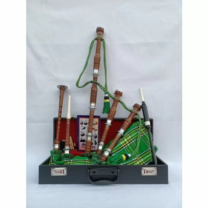  Irish National Tartan Natural Finish Bagpipe Set