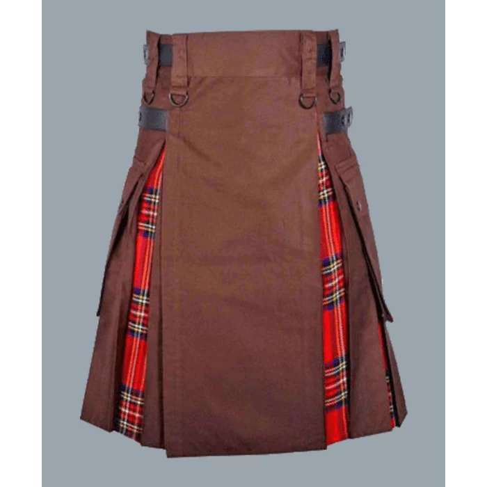 Khaki Hybrid Kilt With Royal Stewart Tartan