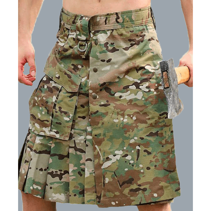 Men's Camouflage Scottish Outdoor Tactical Utility Kilt with Cargo Pockets