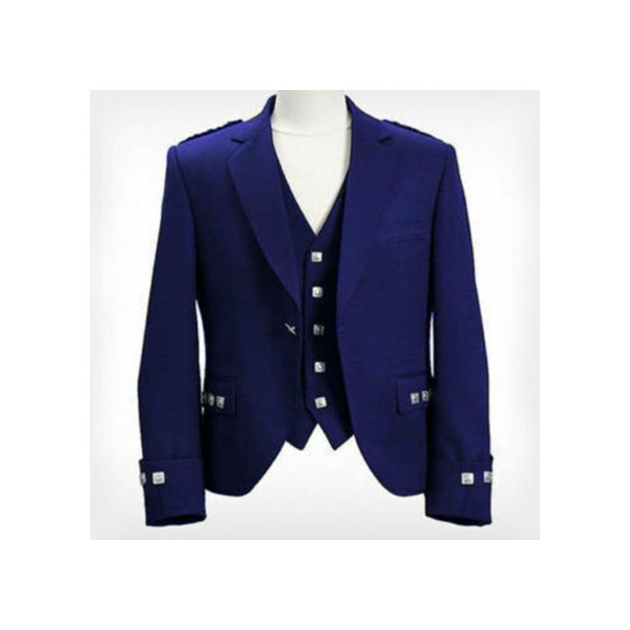 Men Scotland Handmade Prince Charlie Blue Argyle Jacket Waistcoat