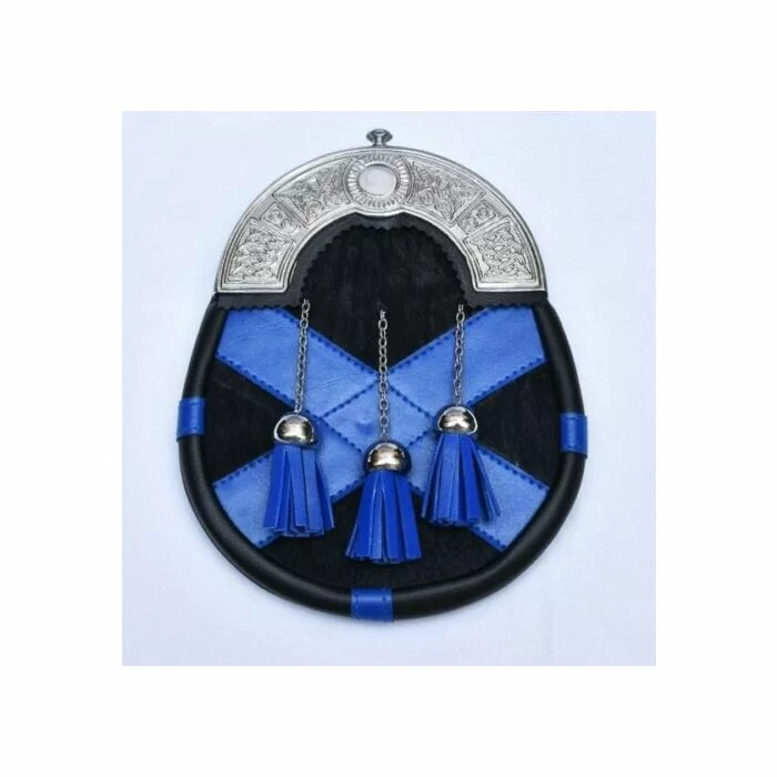 New Scottish Flag Leather Sporran Blue and Black With Silver Chrome Celtic Cantle