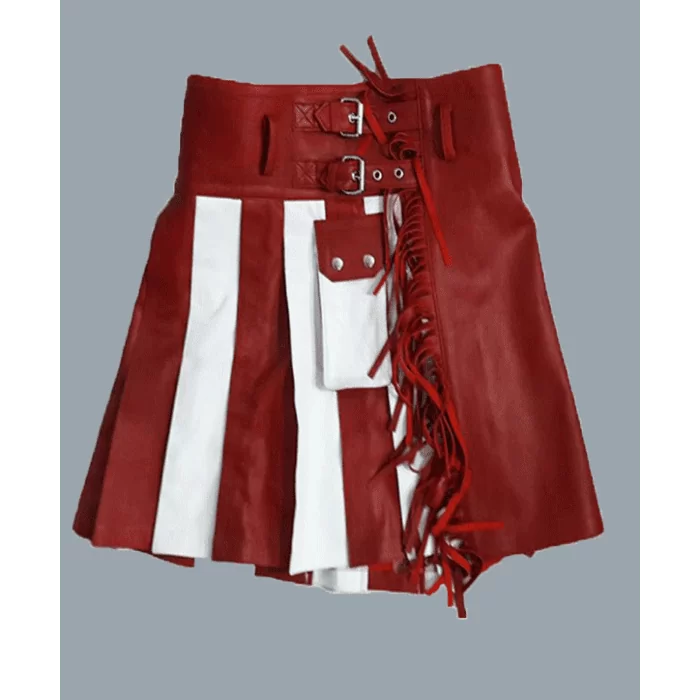 Women White And Red Leather Kilt