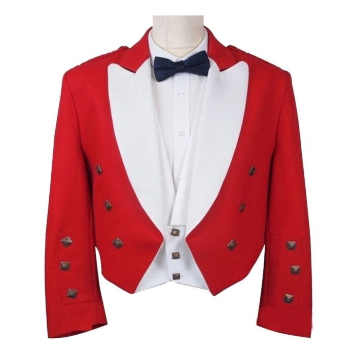 Red And White Prince Charlie Scottish Kilt Jacket