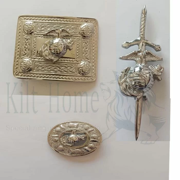US Badge Silver Belt Buckle Brooch Set