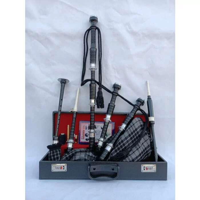 Grey Watch Tartan Black Finish Bagpipe Set