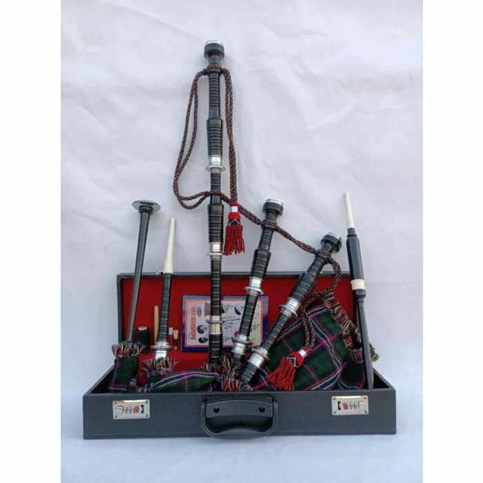 Scottish National Tartan With Black Finish Bagpipe Set