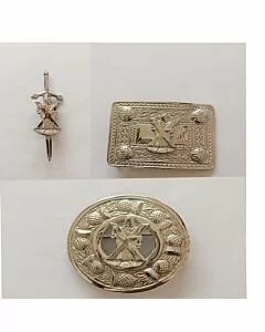 Cross Badge Silver Belt Buckle Brooch Set