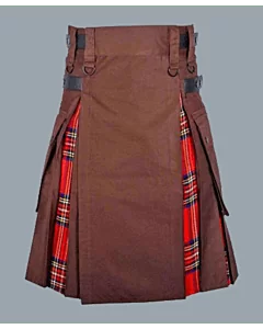 Khaki Hybrid Kilt With Royal Stewart Tartan