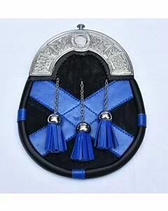 New Scottish Flag Leather Sporran Blue and Black With Silver Chrome Celtic Cantle