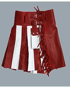 Women White And Red Leather Kilt