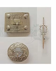 Stag Head Silver Belt Buckle Brooch Set