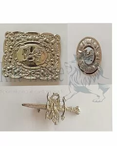 Rampant Lion Silver Belt Buckle Brooch Set