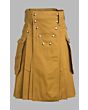 khaki modern utility kilt with silver buttons