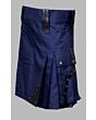 Blue utility kilt with black leather patches