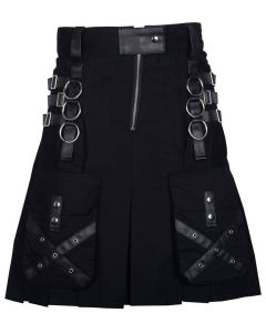 Black Cotton Kilt Gothic Throng With Leather Straps
