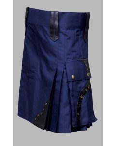 Blue utility kilt with black leather patches