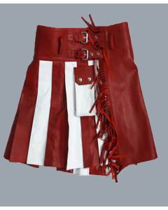 Women White And Red Leather Kilt