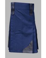 Blue utility kilt with black leather patches